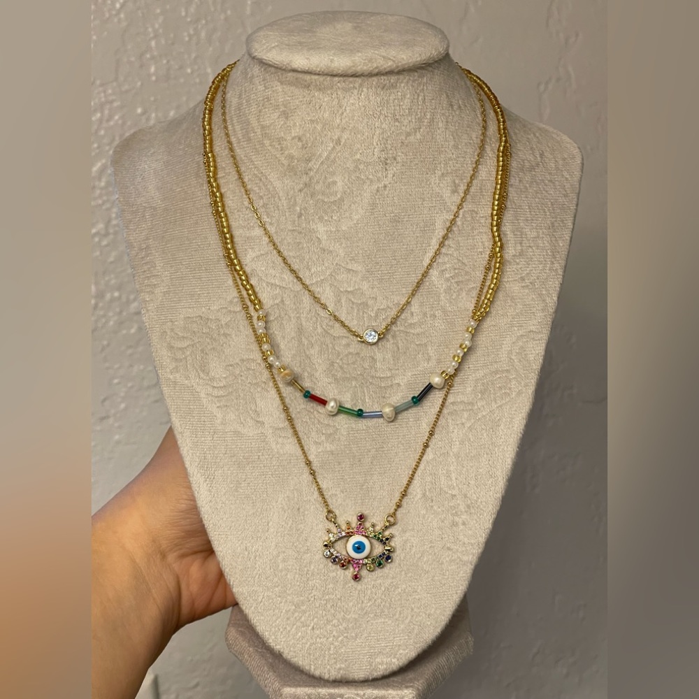 New, 18k Gold Filled Evil Eye Cubic Zirconia Beaded Necklace Multi Layered